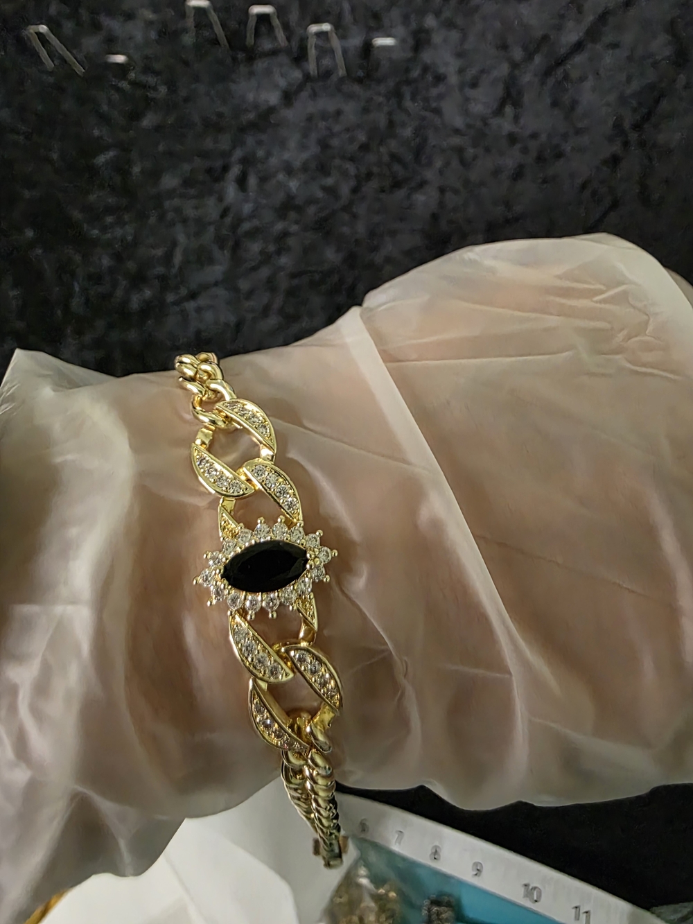 14K Gold-filled Chain Bracelet with Black Marquise Center and Crystal Halo - Picture 3 of 3